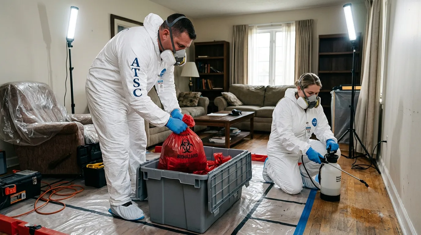 Professional Unattended Death Cleanup technician in full PPE working in Key West